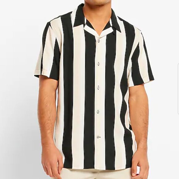 Men's EXPRESS Striped Rayon Short Sleeve Shirt Navy/White | Size Large‎ - Picture 1 of 9